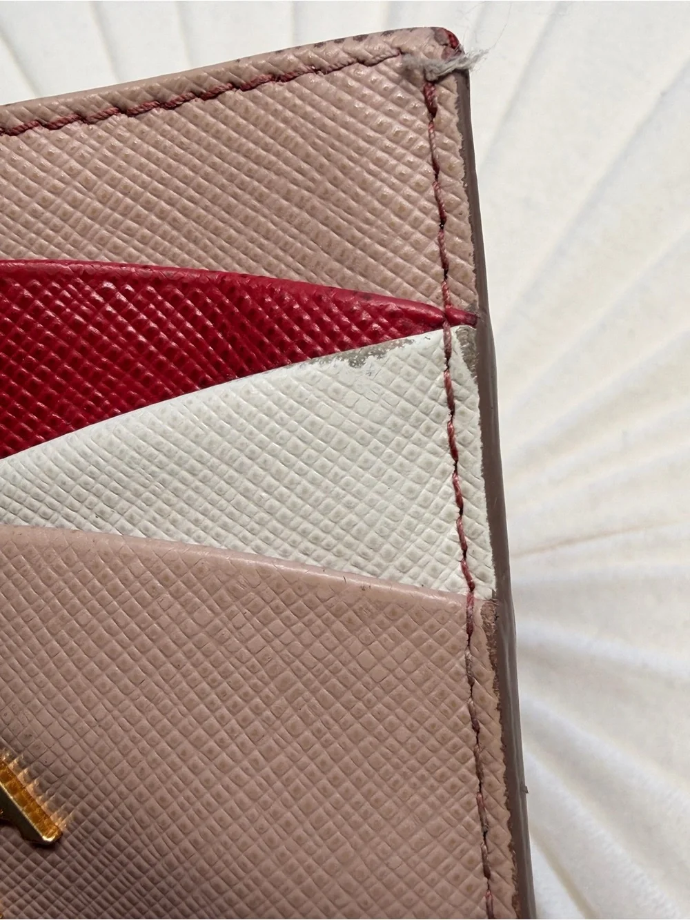 Prada Saffiano Leather Card Holder in Taupe with Red and Cream Accents